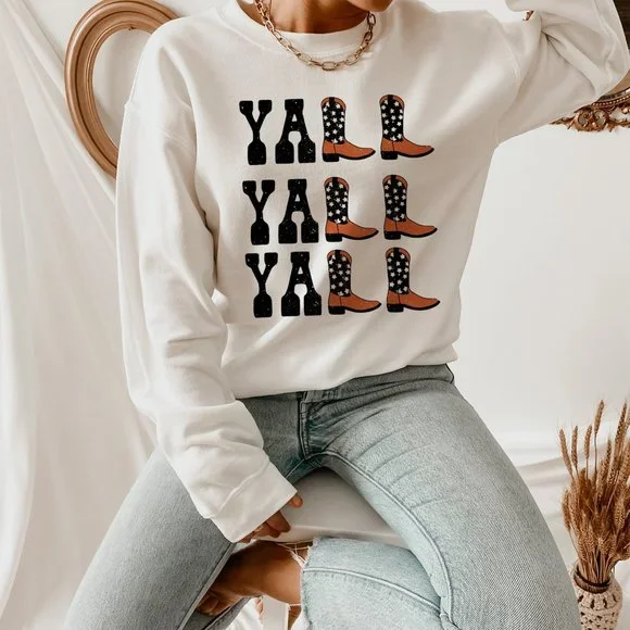 Yall Yall Yall Black and Orange Cowboy Cowgirl Western Boots Sweatshirt - Picture 3 of 5